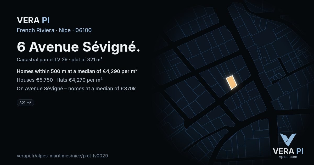 6 Avenue Sévigné, Nice at night – the plot lit, the parcels around coloured by the prices near them