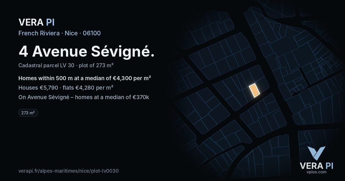 4 Avenue Sévigné, Nice at night – the plot lit, the parcels around coloured by the prices near them