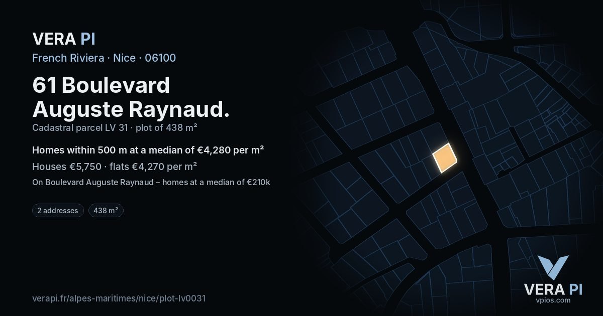 61 Boulevard Auguste Raynaud, Nice at night – the plot lit, the parcels around coloured by the prices near them