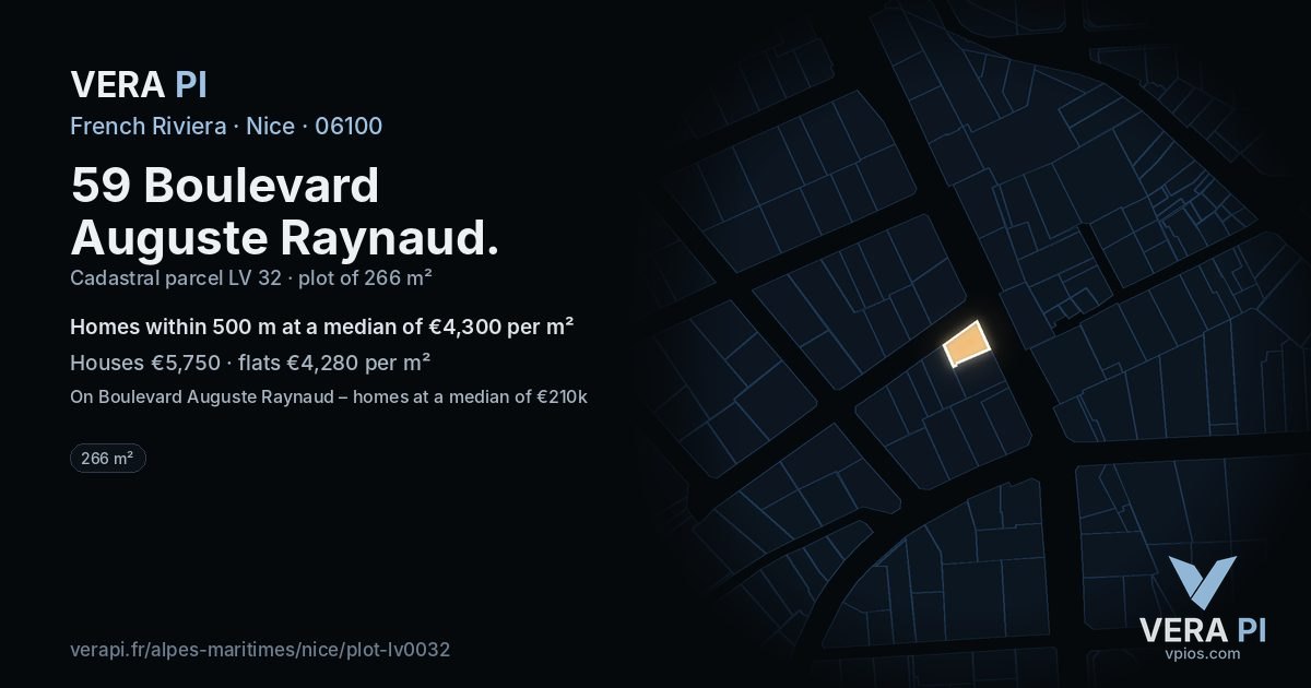59 Boulevard Auguste Raynaud, Nice at night – the plot lit, the parcels around coloured by the prices near them