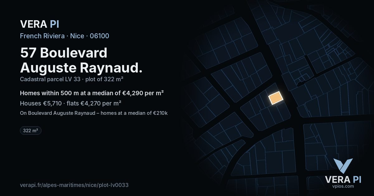 57 Boulevard Auguste Raynaud, Nice at night – the plot lit, the parcels around coloured by the prices near them