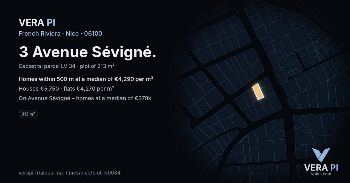 3 Avenue Sévigné, Nice at night – the plot lit, the parcels around coloured by the prices near them