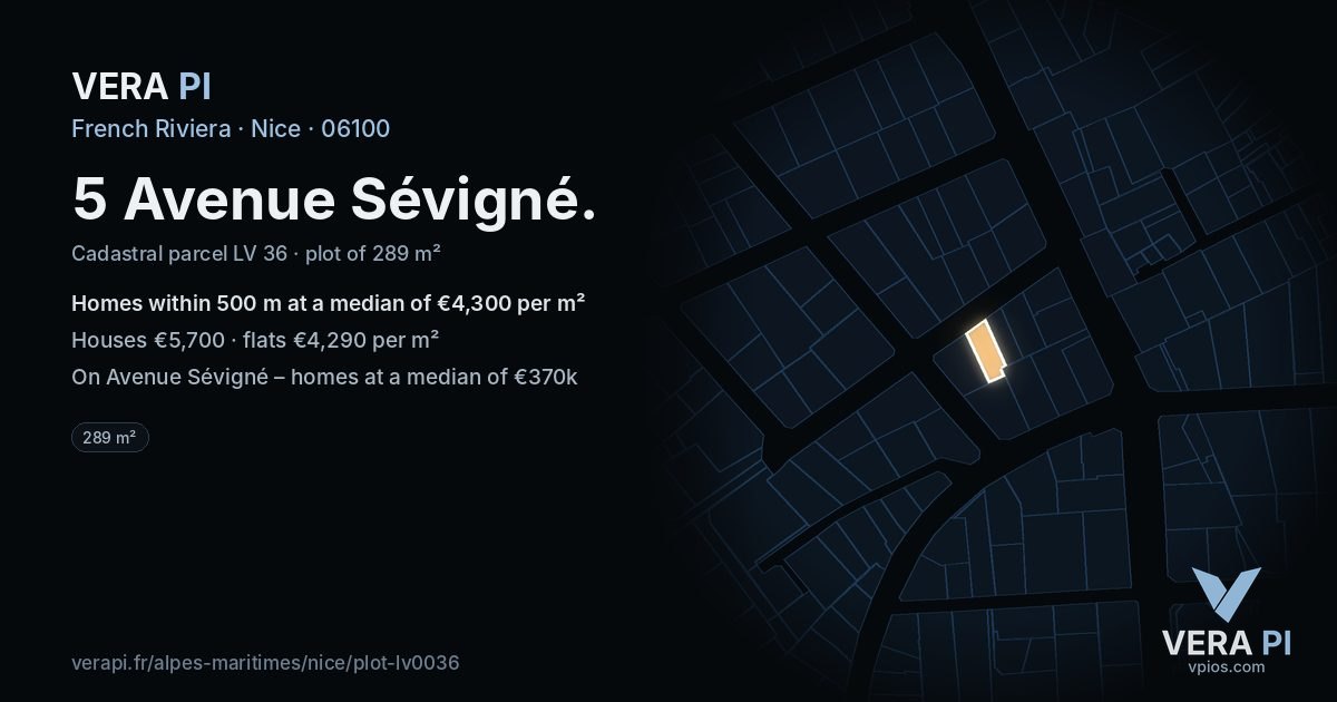 5 Avenue Sévigné, Nice at night – the plot lit, the parcels around coloured by the prices near them