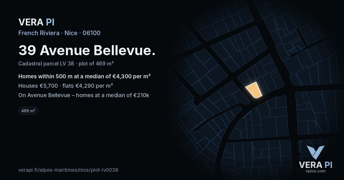 39 Avenue Bellevue, Nice at night – the plot lit, the parcels around coloured by the prices near them