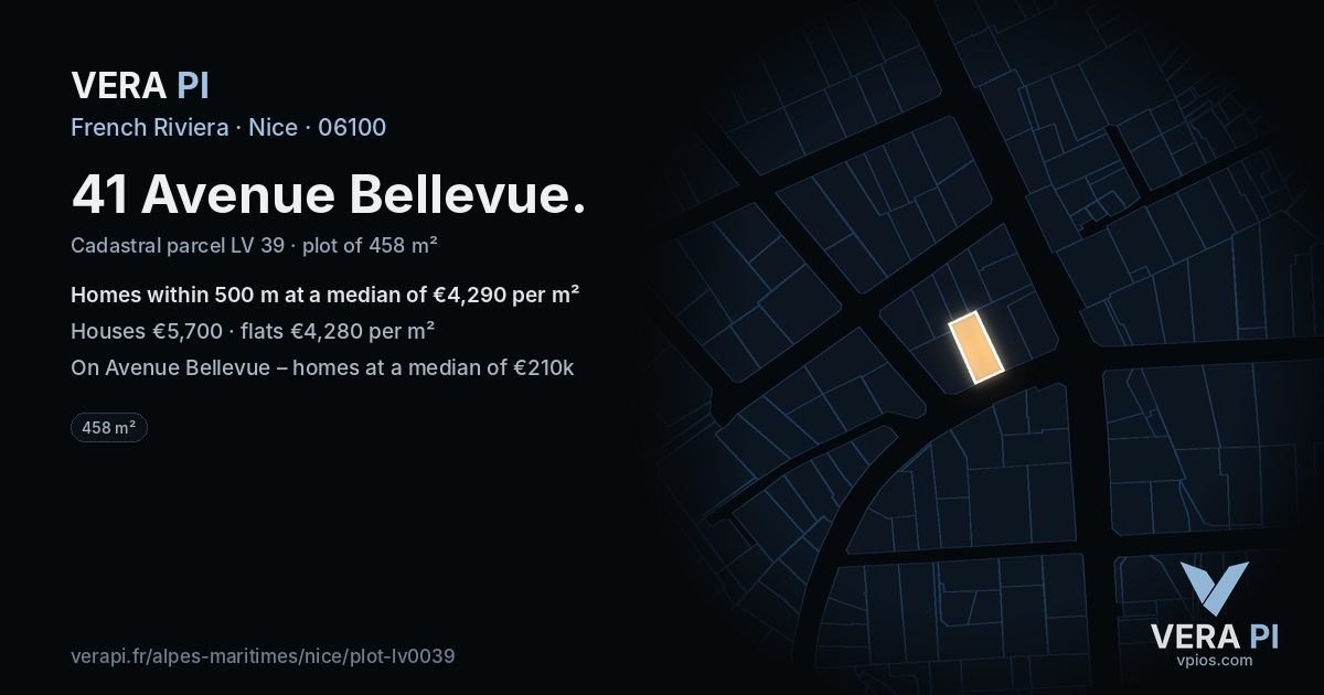 41 Avenue Bellevue, Nice at night – the plot lit, the parcels around coloured by the prices near them