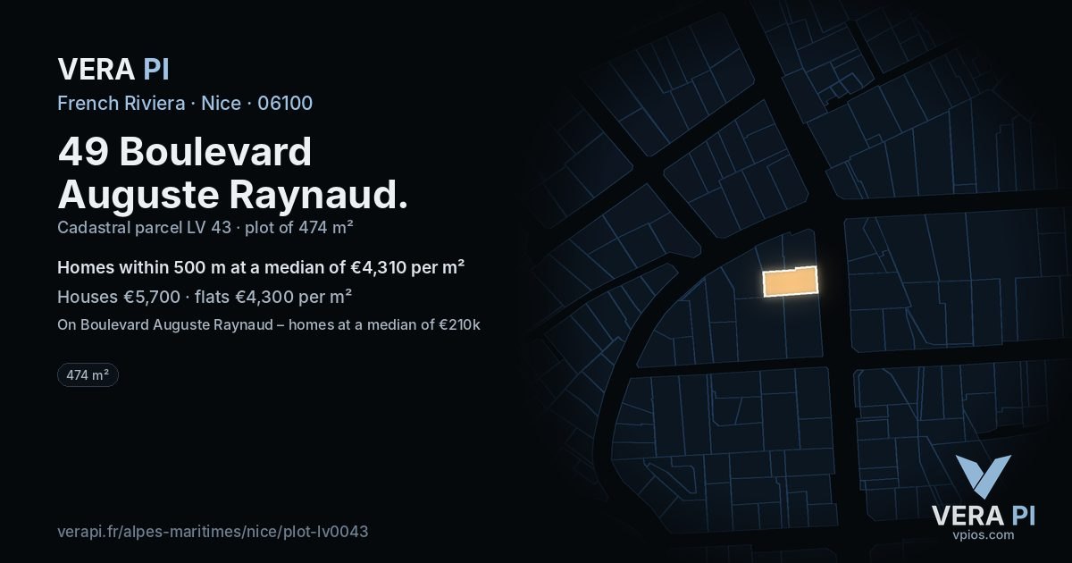 49 Boulevard Auguste Raynaud, Nice at night – the plot lit, the parcels around coloured by the prices near them