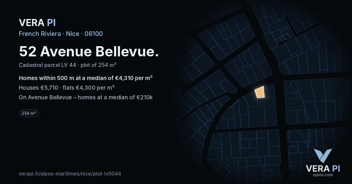 52 Avenue Bellevue, Nice at night – the plot lit, the parcels around coloured by the prices near them