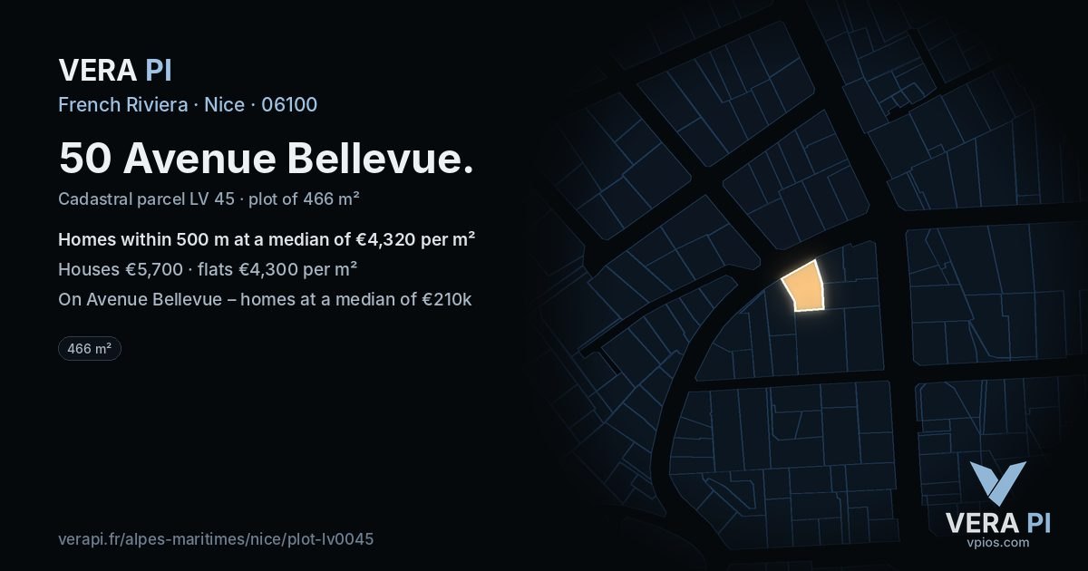 50 Avenue Bellevue, Nice at night – the plot lit, the parcels around coloured by the prices near them