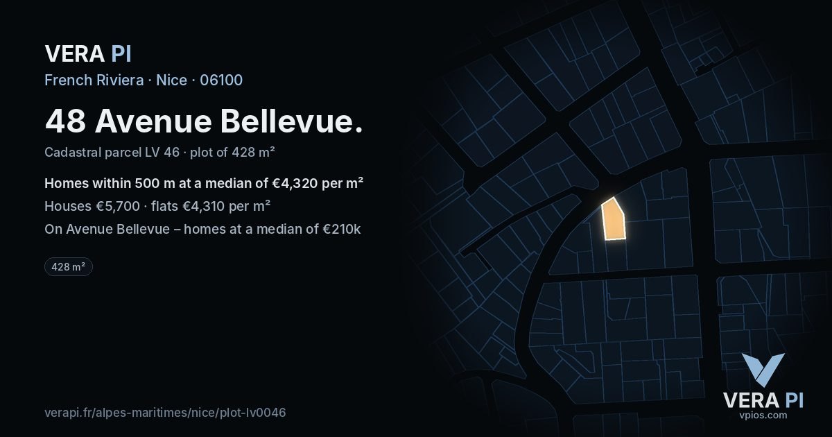 48 Avenue Bellevue, Nice at night – the plot lit, the parcels around coloured by the prices near them