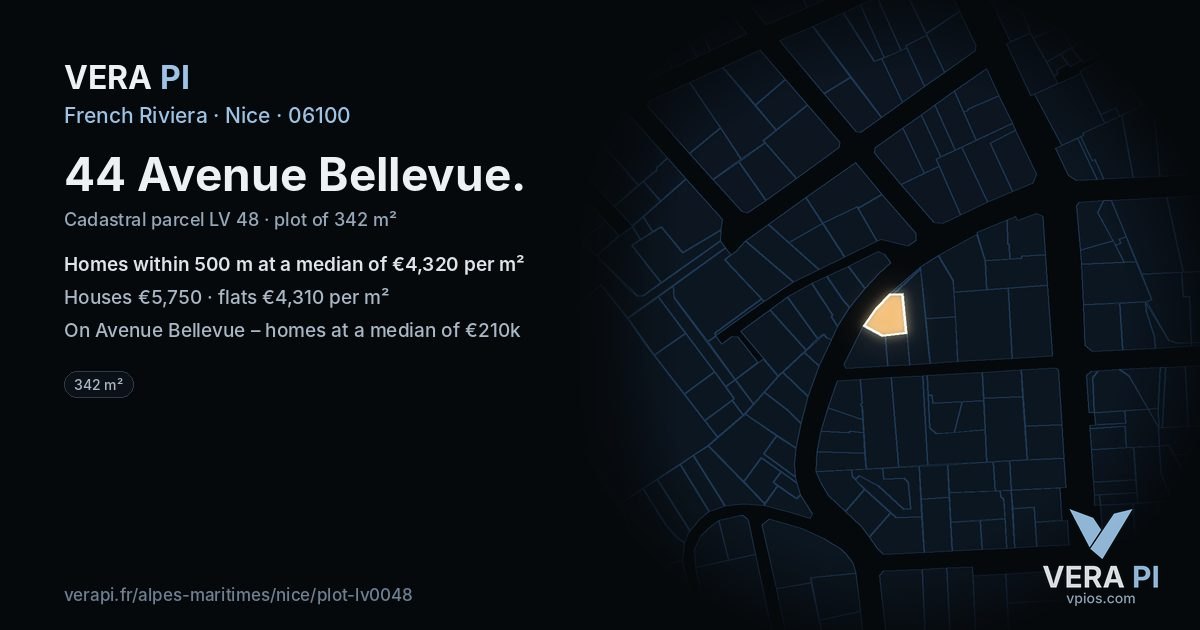 44 Avenue Bellevue, Nice at night – the plot lit, the parcels around coloured by the prices near them