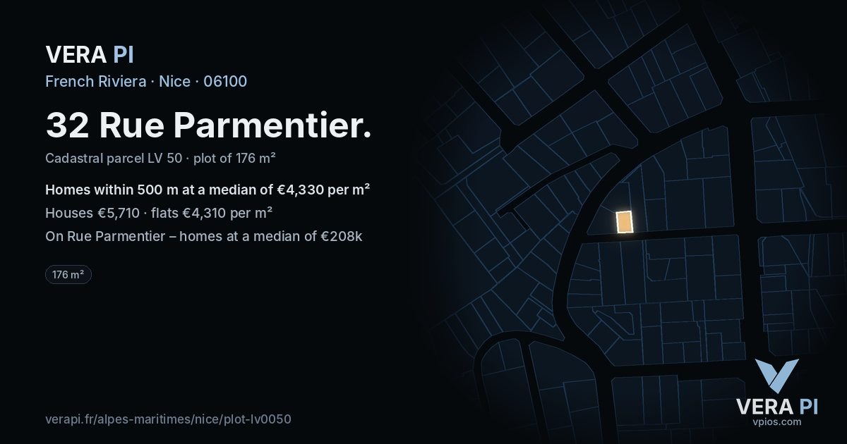 32 Rue Parmentier, Nice at night – the plot lit, the parcels around coloured by the prices near them