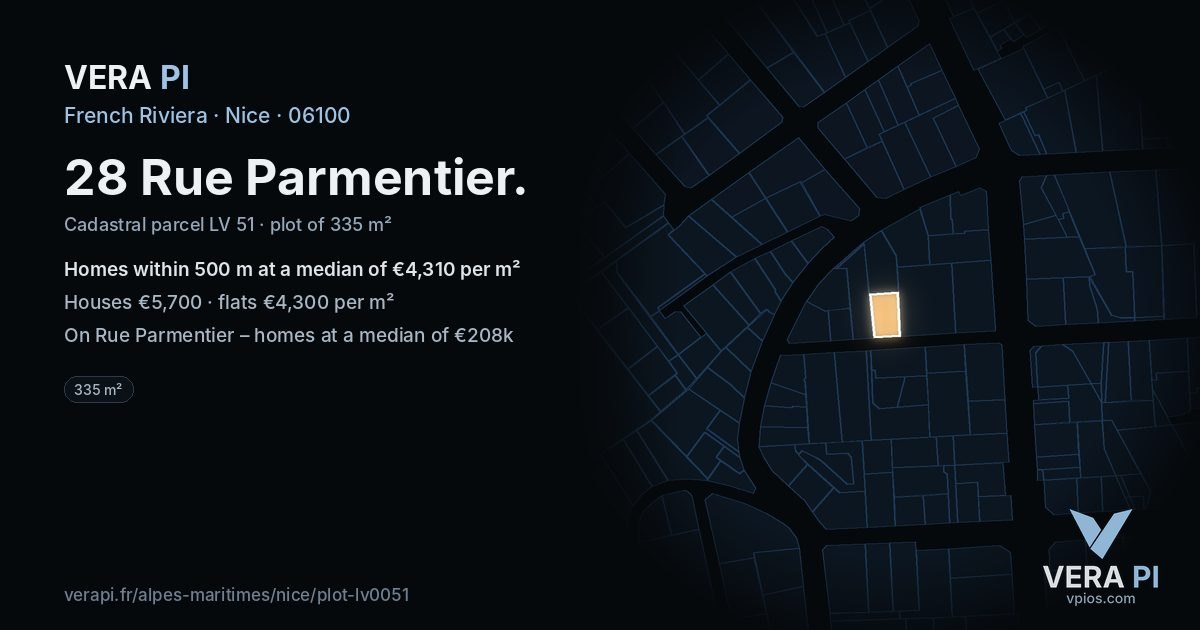28 Rue Parmentier, Nice at night – the plot lit, the parcels around coloured by the prices near them