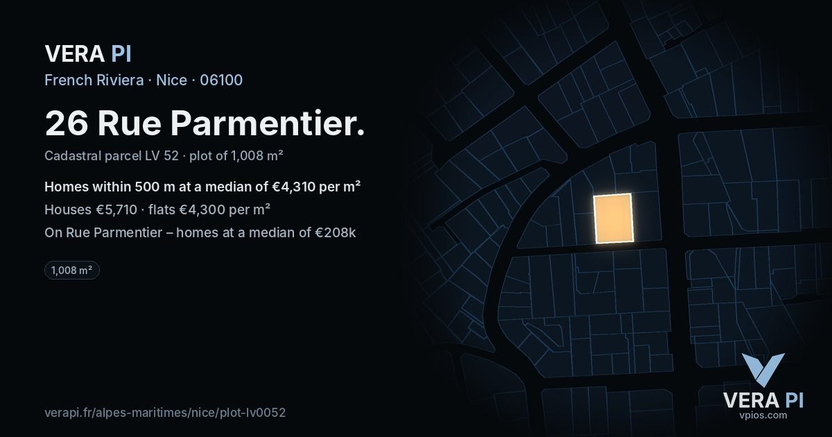 26 Rue Parmentier, Nice at night – the plot lit, the parcels around coloured by the prices near them