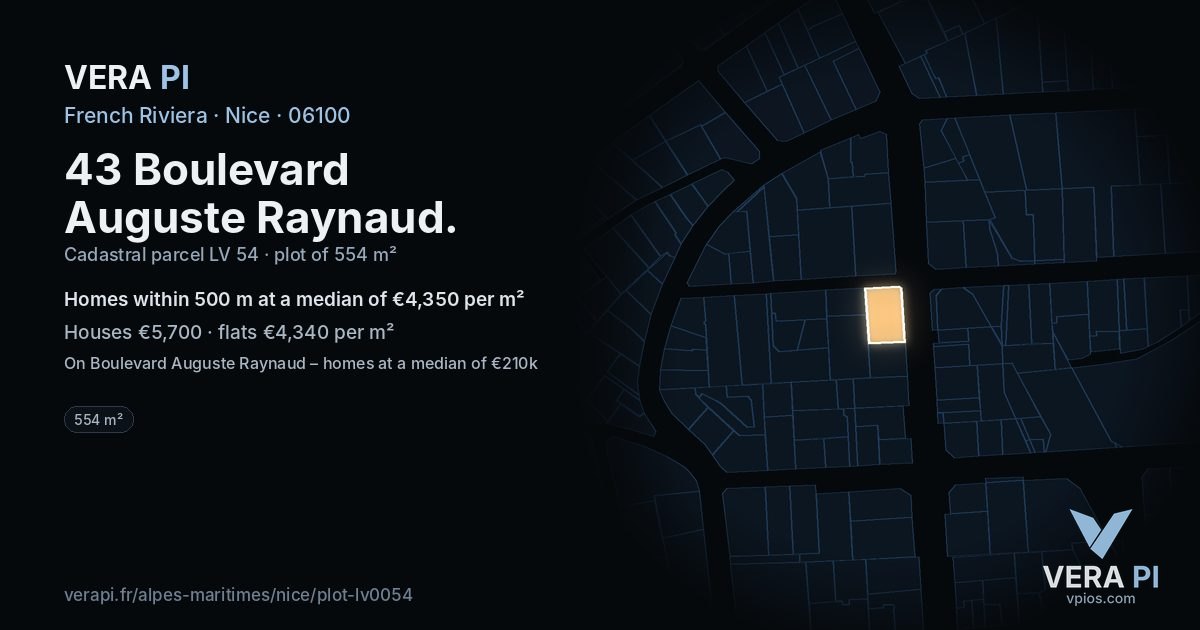 43 Boulevard Auguste Raynaud, Nice at night – the plot lit, the parcels around coloured by the prices near them
