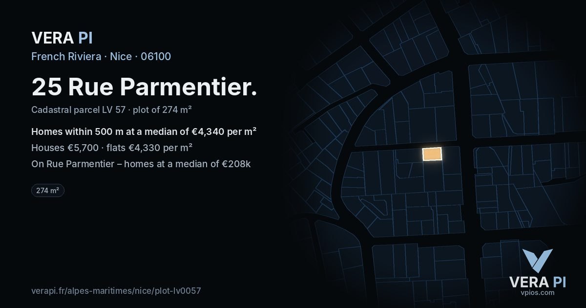 25 Rue Parmentier, Nice at night – the plot lit, the parcels around coloured by the prices near them
