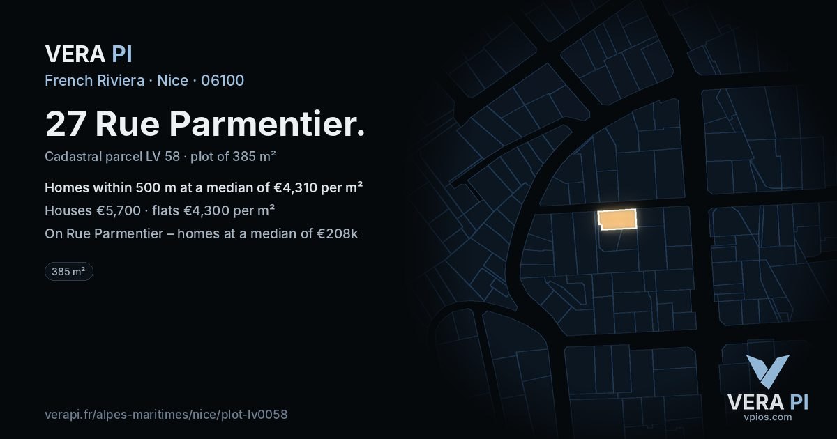 27 Rue Parmentier, Nice at night – the plot lit, the parcels around coloured by the prices near them