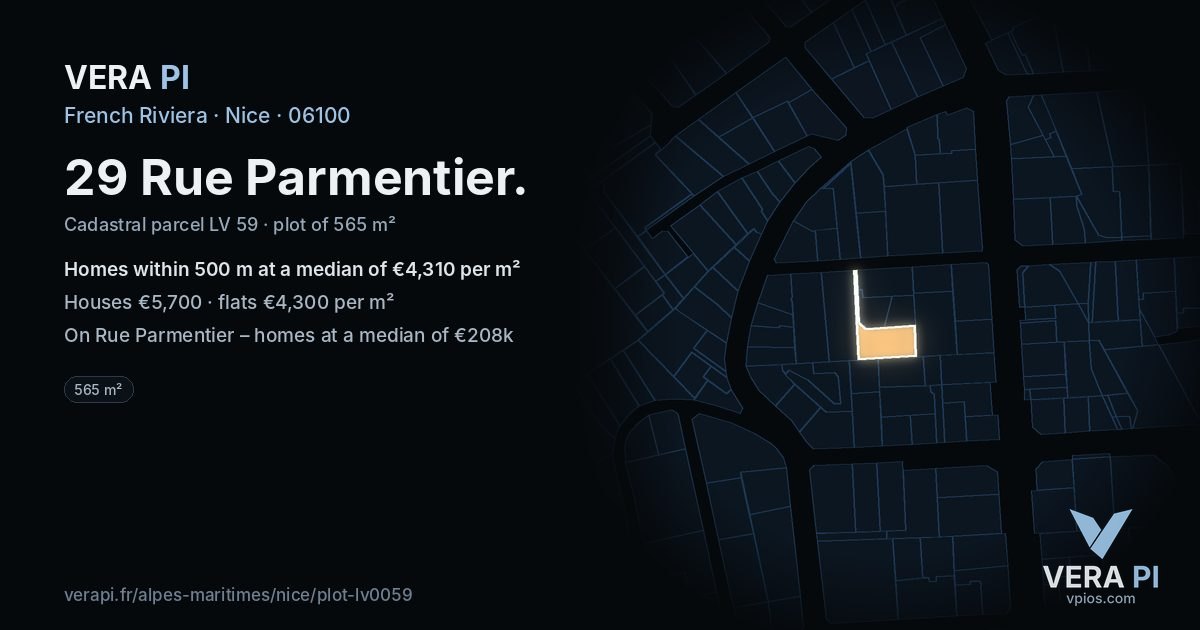 29 Rue Parmentier, Nice at night – the plot lit, the parcels around coloured by the prices near them