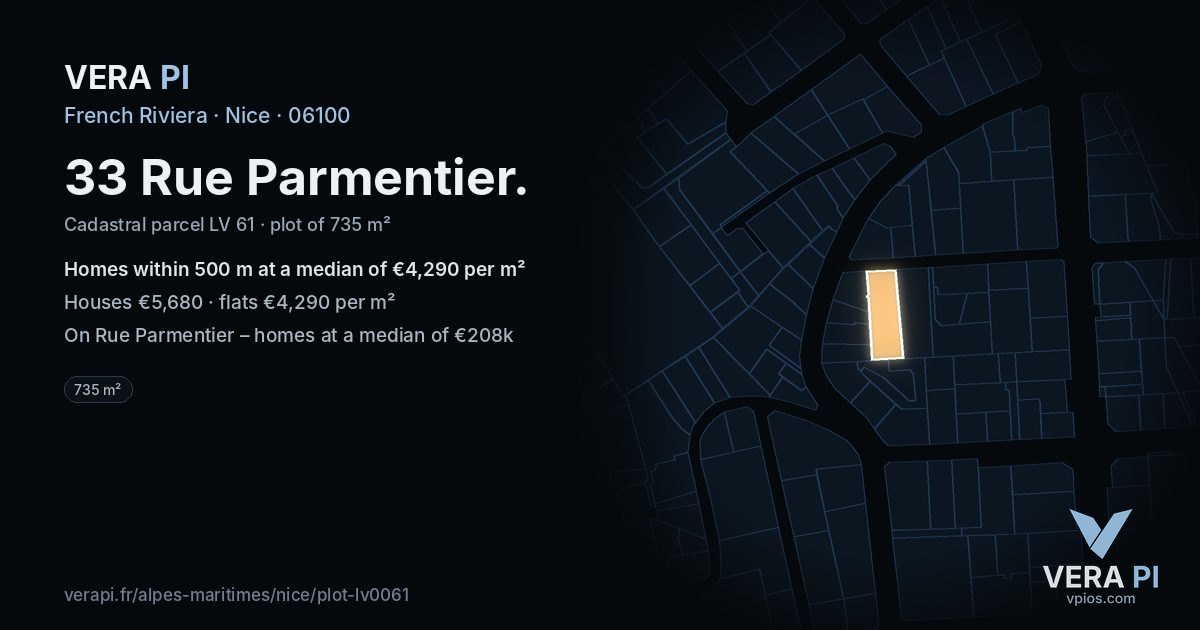 33 Rue Parmentier, Nice at night – the plot lit, the parcels around coloured by the prices near them