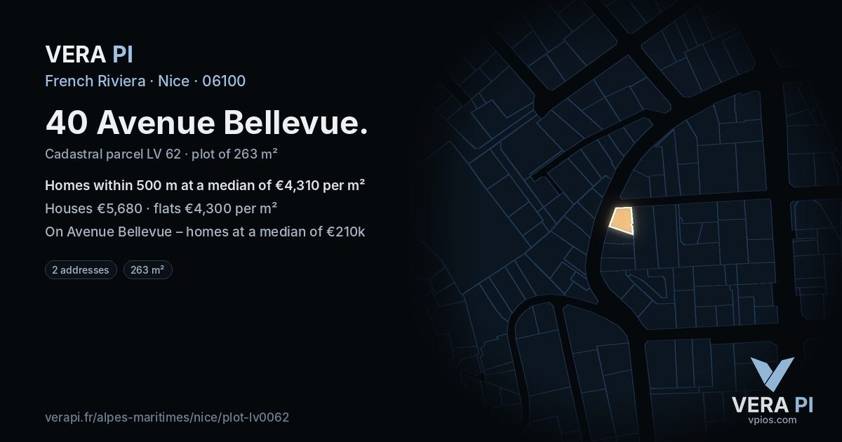 40 Avenue Bellevue, Nice at night – the plot lit, the parcels around coloured by the prices near them