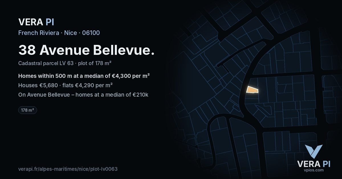 38 Avenue Bellevue, Nice at night – the plot lit, the parcels around coloured by the prices near them