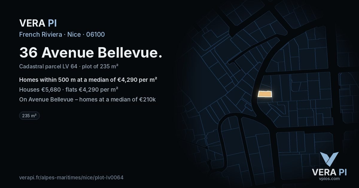 36 Avenue Bellevue, Nice at night – the plot lit, the parcels around coloured by the prices near them