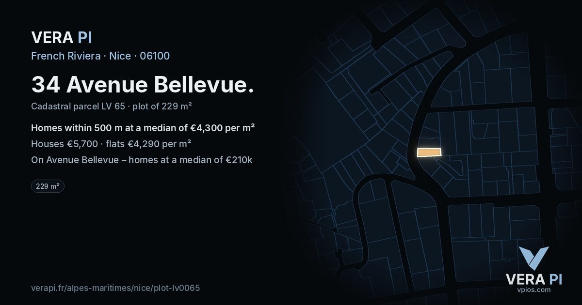 34 Avenue Bellevue, Nice at night – the plot lit, the parcels around coloured by the prices near them