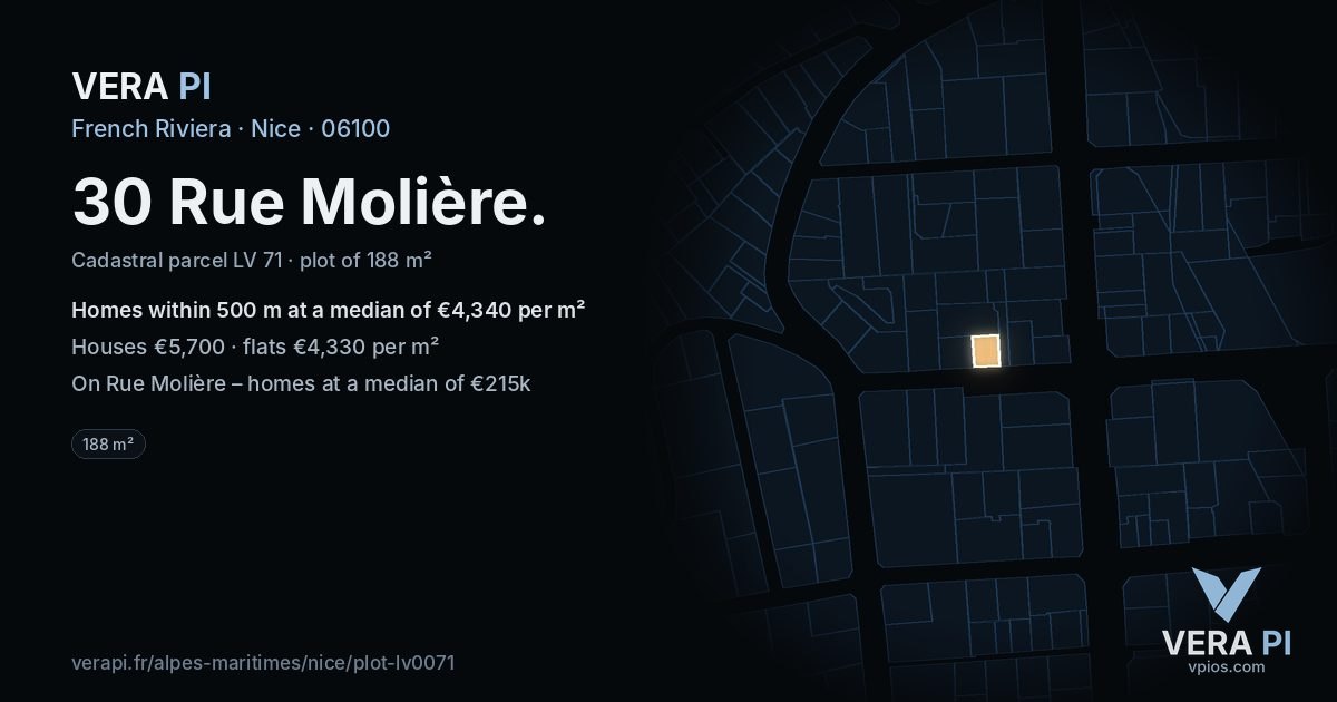 30 Rue Molière, Nice at night – the plot lit, the parcels around coloured by the prices near them