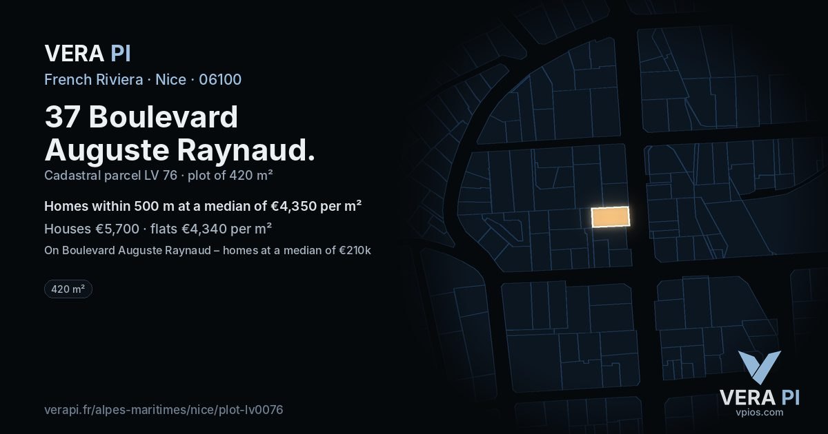 37 Boulevard Auguste Raynaud, Nice at night – the plot lit, the parcels around coloured by the prices near them