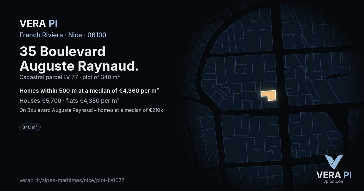 35 Boulevard Auguste Raynaud, Nice at night – the plot lit, the parcels around coloured by the prices near them