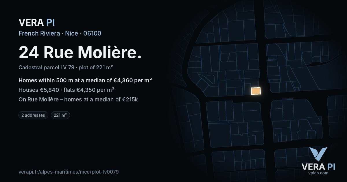 24 Rue Molière, Nice at night – the plot lit, the parcels around coloured by the prices near them