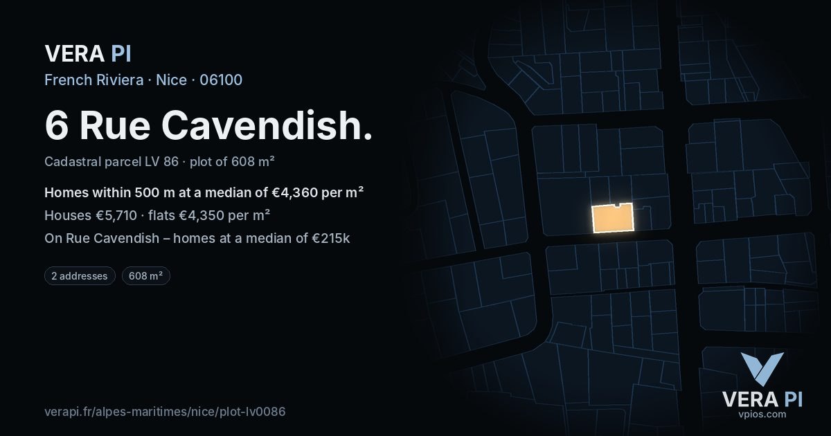 6 Rue Cavendish, Nice at night – the plot lit, the parcels around coloured by the prices near them