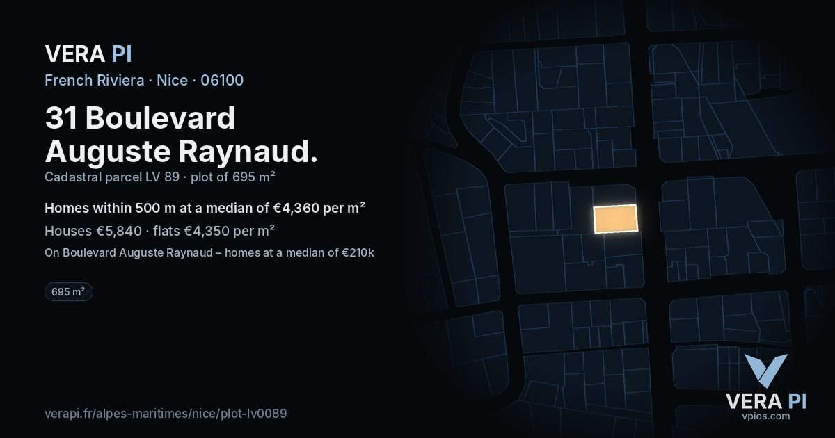 31 Boulevard Auguste Raynaud, Nice at night – the plot lit, the parcels around coloured by the prices near them