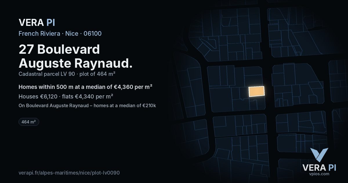 27 Boulevard Auguste Raynaud, Nice at night – the plot lit, the parcels around coloured by the prices near them