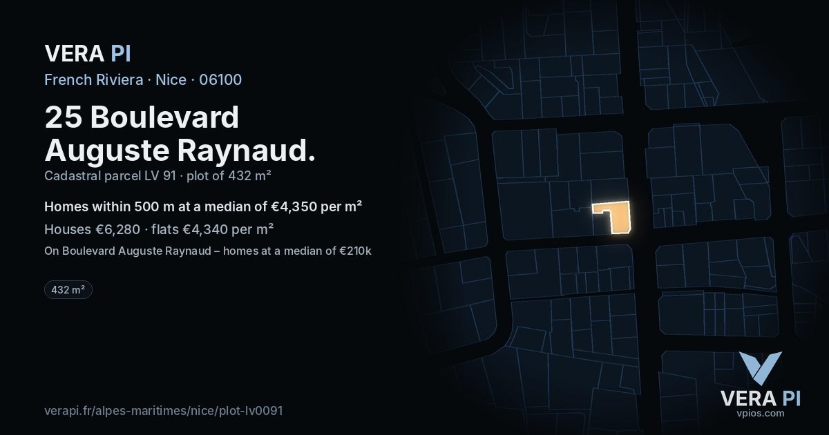 25 Boulevard Auguste Raynaud, Nice at night – the plot lit, the parcels around coloured by the prices near them