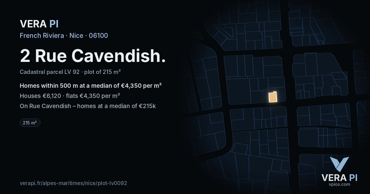 2 Rue Cavendish, Nice at night – the plot lit, the parcels around coloured by the prices near them
