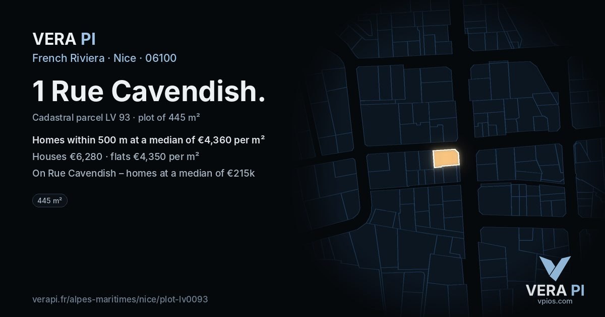 1 Rue Cavendish, Nice at night – the plot lit, the parcels around coloured by the prices near them