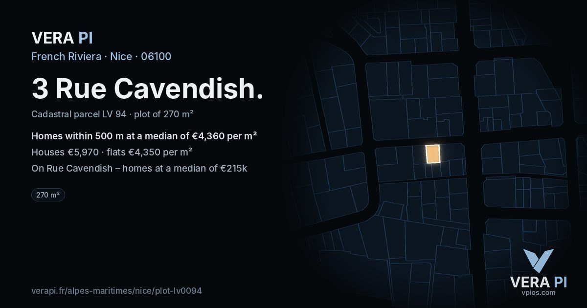 3 Rue Cavendish, Nice at night – the plot lit, the parcels around coloured by the prices near them