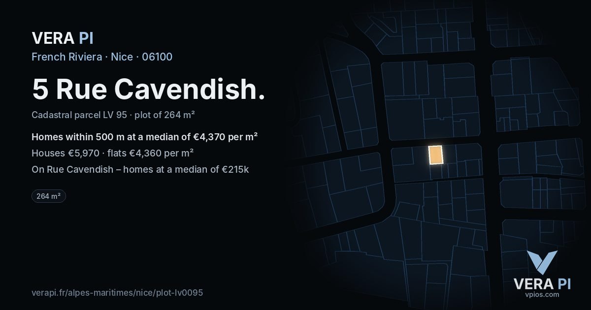 5 Rue Cavendish, Nice at night – the plot lit, the parcels around coloured by the prices near them