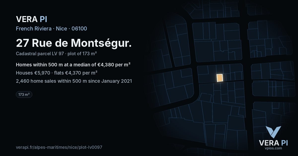 27 Rue de Montségur, Nice at night – the plot lit, the parcels around coloured by the prices near them
