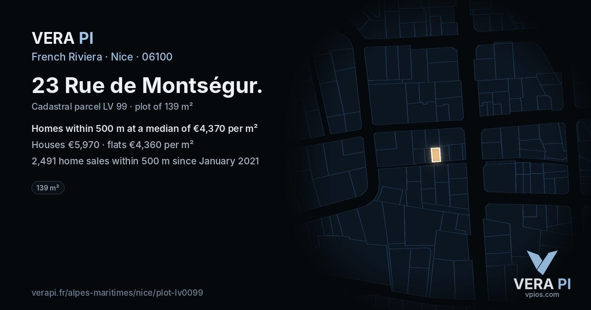23 Rue de Montségur, Nice at night – the plot lit, the parcels around coloured by the prices near them