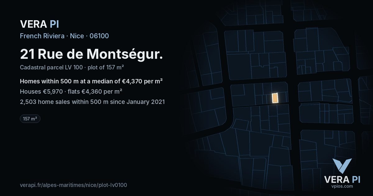 21 Rue de Montségur, Nice at night – the plot lit, the parcels around coloured by the prices near them