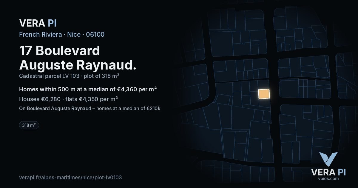 17 Boulevard Auguste Raynaud, Nice at night – the plot lit, the parcels around coloured by the prices near them