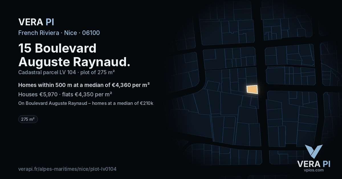 15 Boulevard Auguste Raynaud, Nice at night – the plot lit, the parcels around coloured by the prices near them