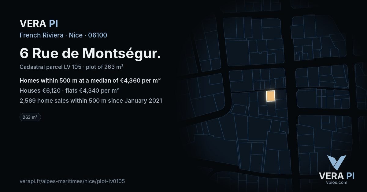 6 Rue de Montségur, Nice at night – the plot lit, the parcels around coloured by the prices near them