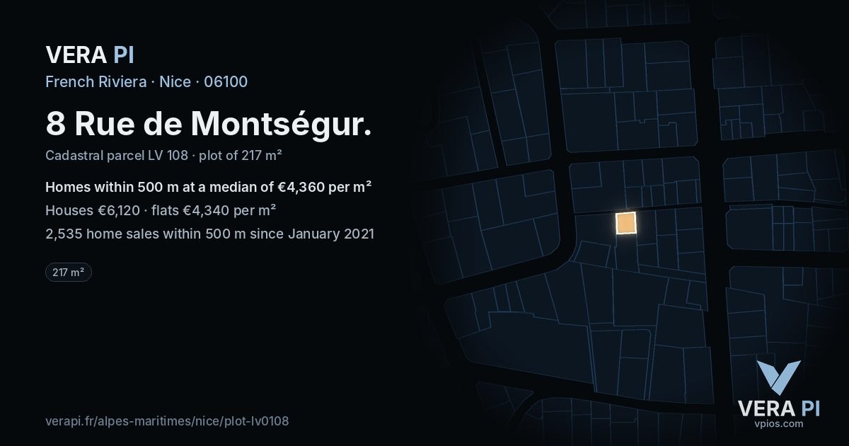8 Rue de Montségur, Nice at night – the plot lit, the parcels around coloured by the prices near them