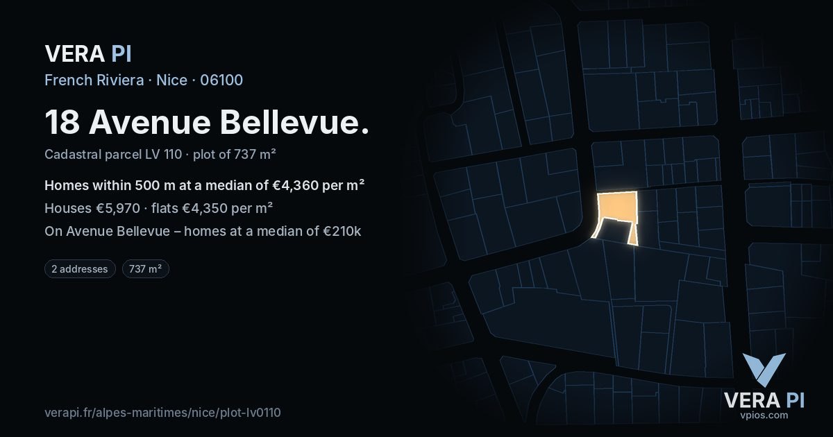 18 Avenue Bellevue, Nice at night – the plot lit, the parcels around coloured by the prices near them