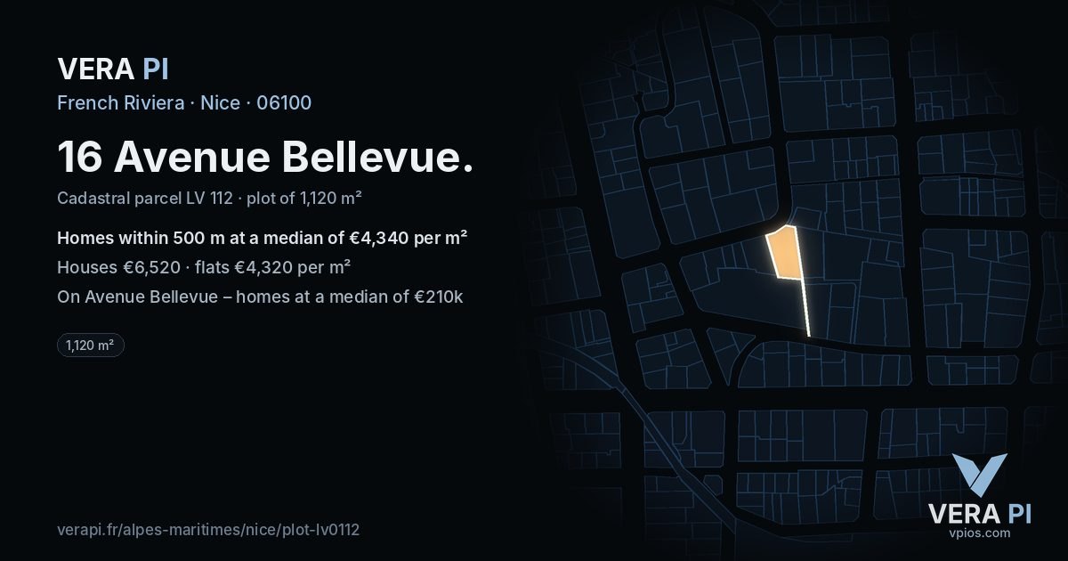16 Avenue Bellevue, Nice at night – the plot lit, the parcels around coloured by the prices near them