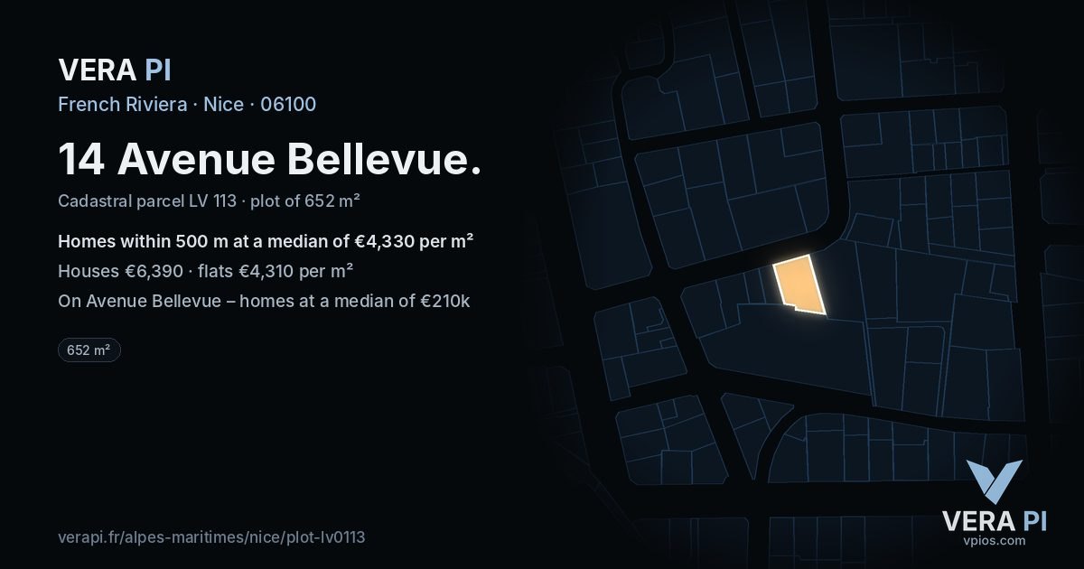 14 Avenue Bellevue, Nice at night – the plot lit, the parcels around coloured by the prices near them