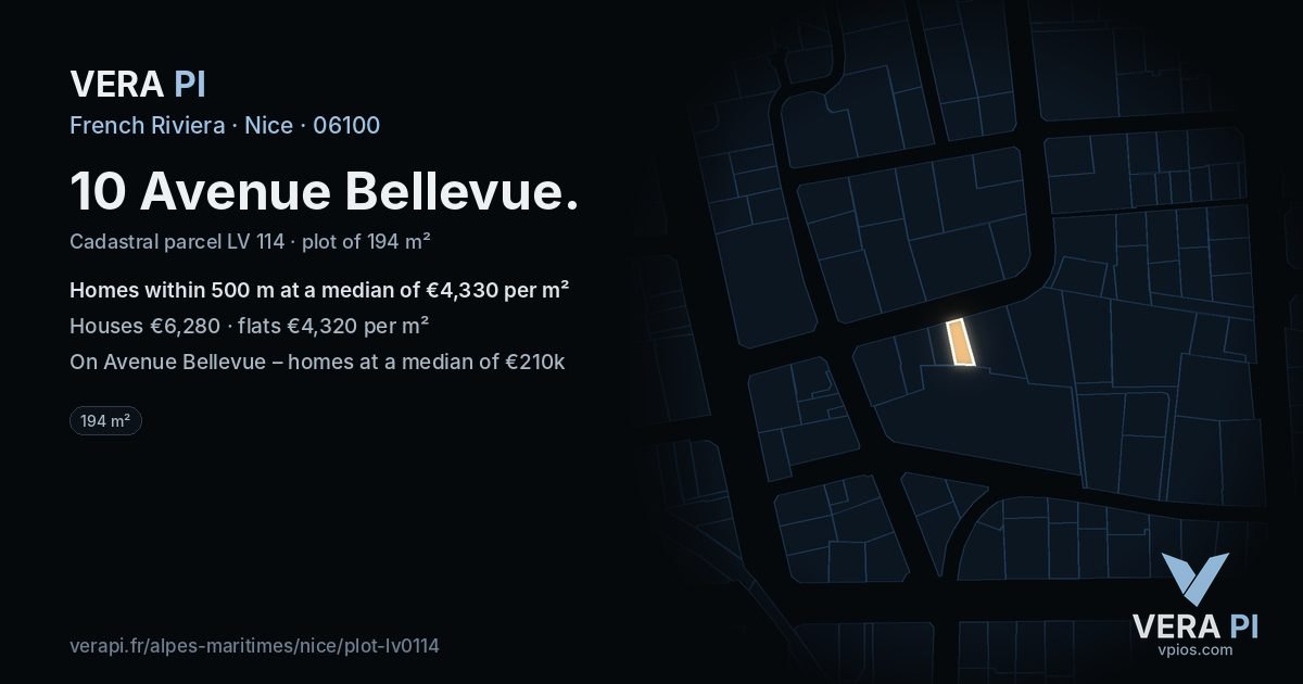 10 Avenue Bellevue, Nice at night – the plot lit, the parcels around coloured by the prices near them