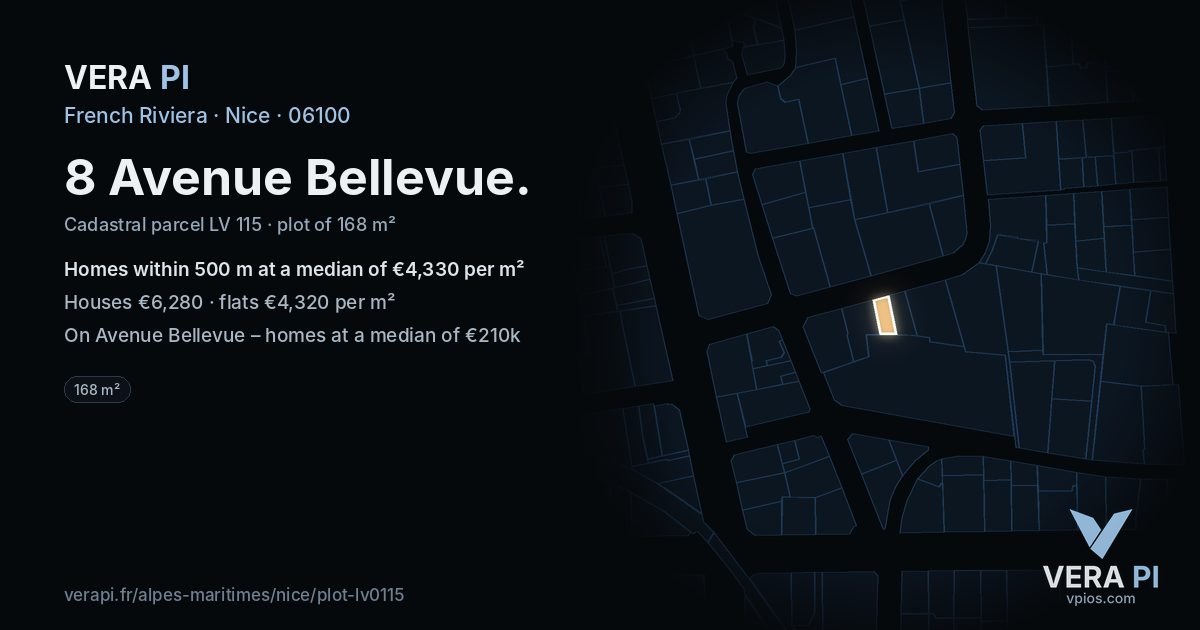 8 Avenue Bellevue, Nice at night – the plot lit, the parcels around coloured by the prices near them